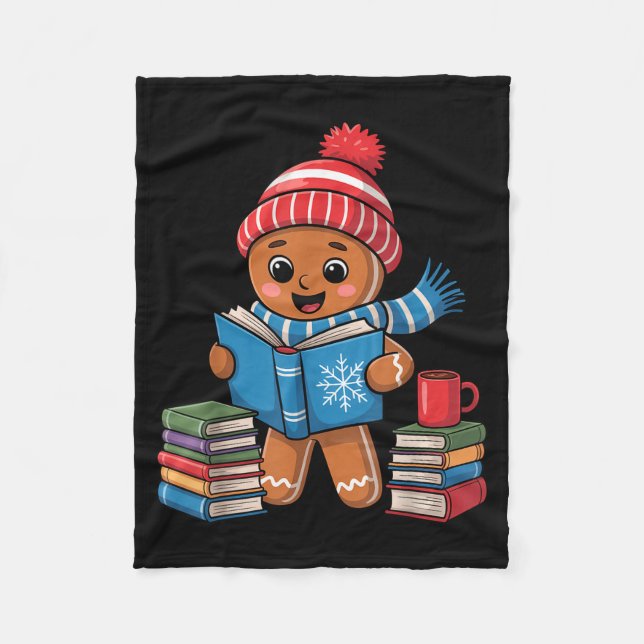 Christmas Bookworm Gingerbread Reading Books Funny Fleece Blanket (Front)