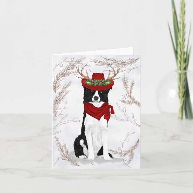 Christmas Border Collie Dog and Botanical Pines Holiday Card (Front)