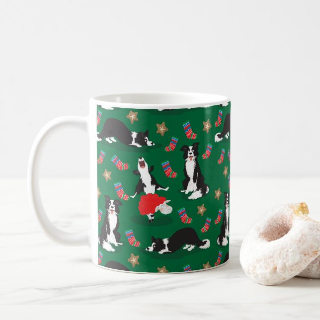 Christmas Border Collie green Coffee Mug (With Donut)