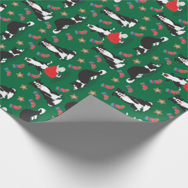 Christmas Border Collie green Wrapping Paper (Corner)