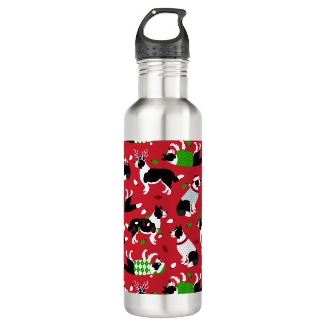 Christmas Border Collie Stainless Steel Water Bottle (Front)