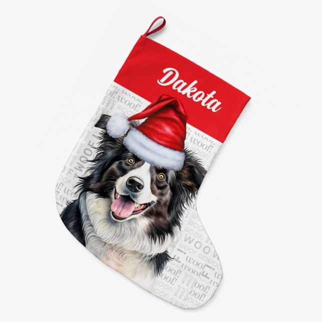 Christmas Border Collie with Dog's Name Large Christmas Stocking (Front (Hanging))