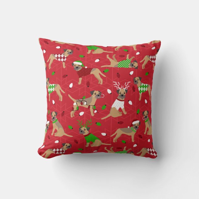 Christmas Border Terrier Throw Pillow (Front)