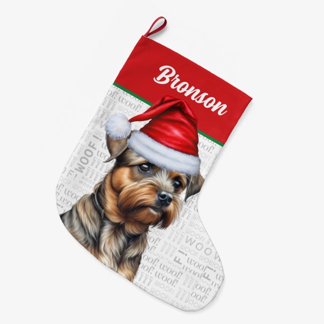 Christmas Border Terrier with Name Woof Background Large Christmas Stocking (Front (Hanging))