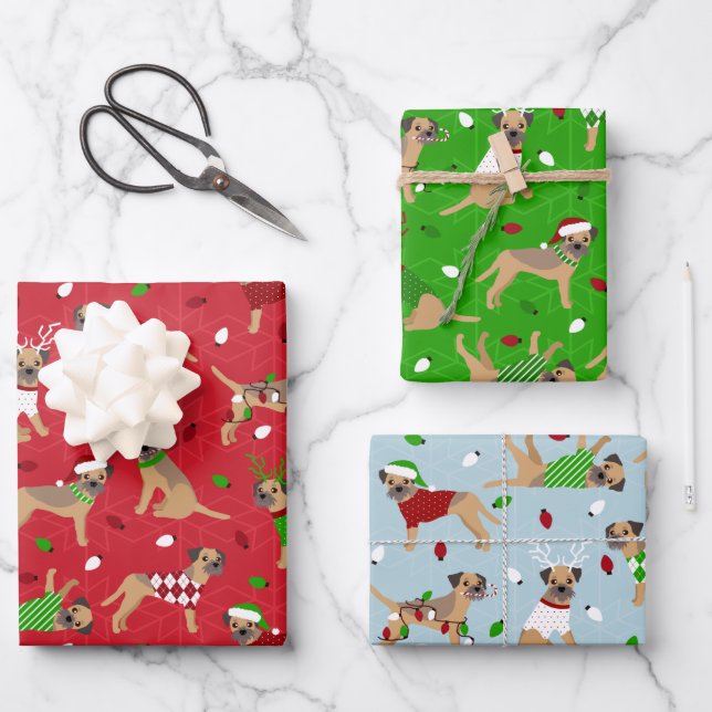 Christmas Border Terrier Wrapping Paper Sheets (Front)