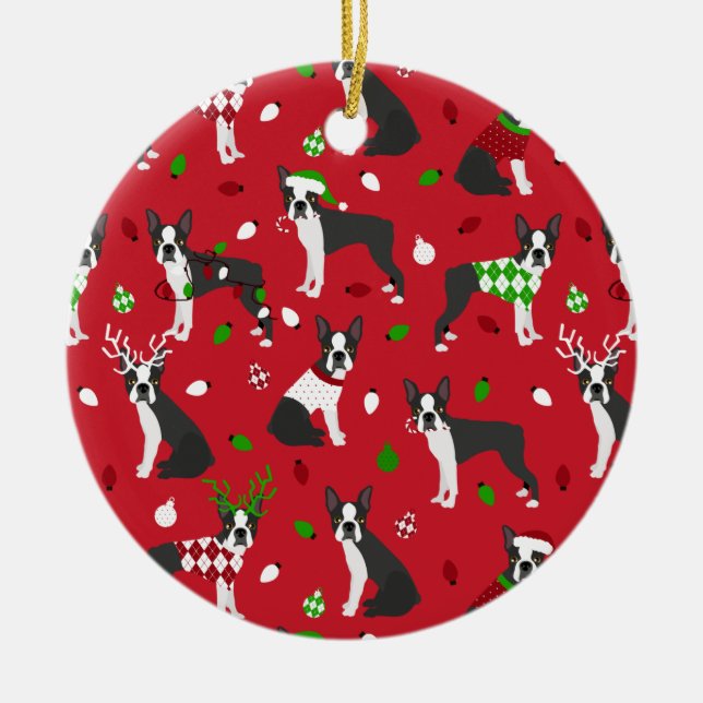 Christmas Boston Terrier Ceramic Ornament (Front)