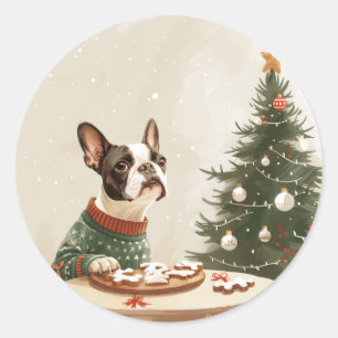 Christmas Boston Terrier Dog Classic Round Sticker