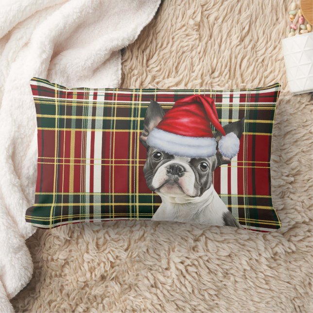 Christmas Boston Terrier Dog Holiday Plaid Lumbar Pillow (Blanket)