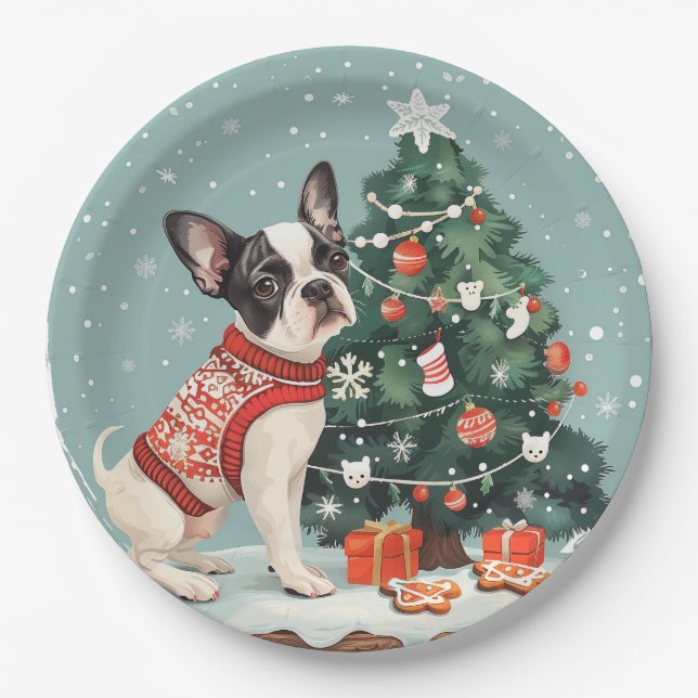 Christmas Boston Terrier Dog Paper Plates (Front)
