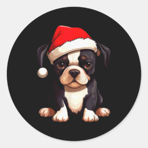 Christmas Boston Terrier Dog Santa Hat Funny Xmas Classic Round Sticker