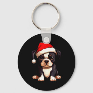 Christmas Boston Terrier Dog Santa Hat Funny Xmas Keychain