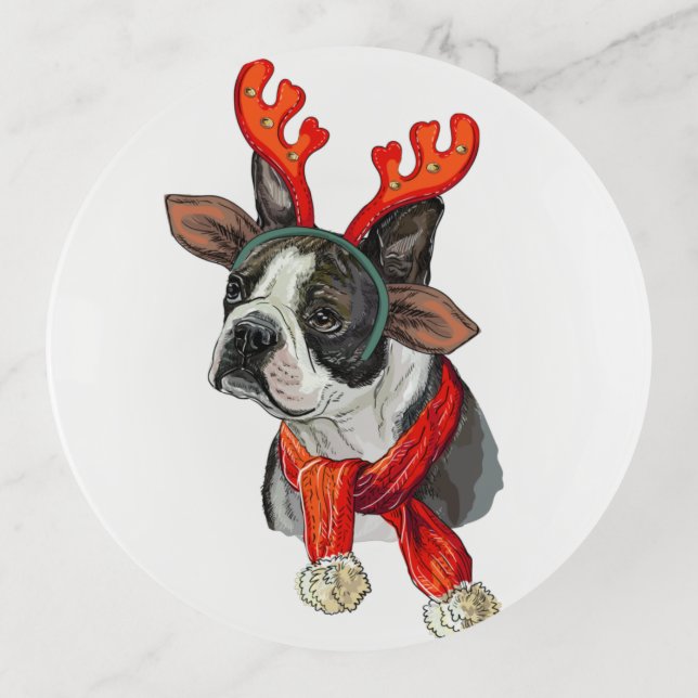 Christmas Boston terrier dog Throw Pillow Trinket Tray (Front)