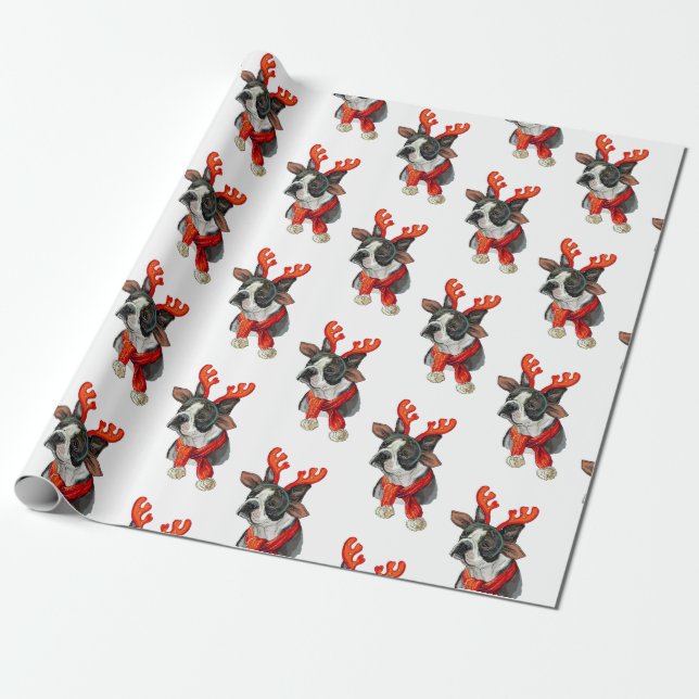 Christmas Boston terrier dog Wrapping Paper (Unrolled)