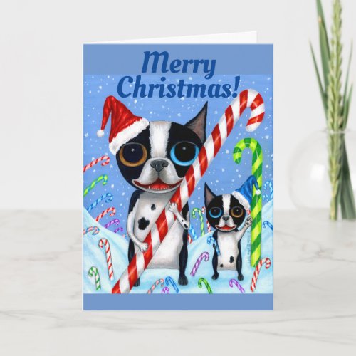 Christmas Boston Terrier Dogs Candy Cane Santa Hat Card