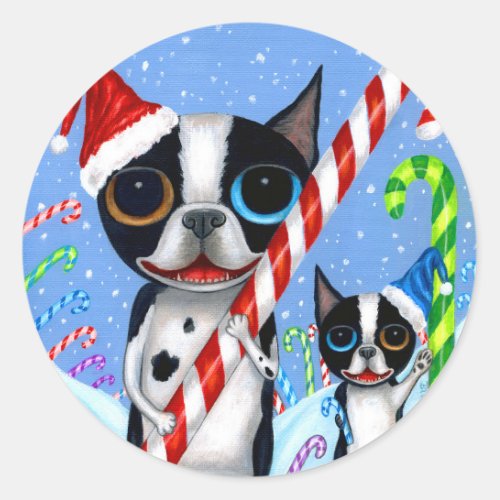 Christmas Boston Terrier Dogs Candy Cane Santa Hat Classic Round Sticker