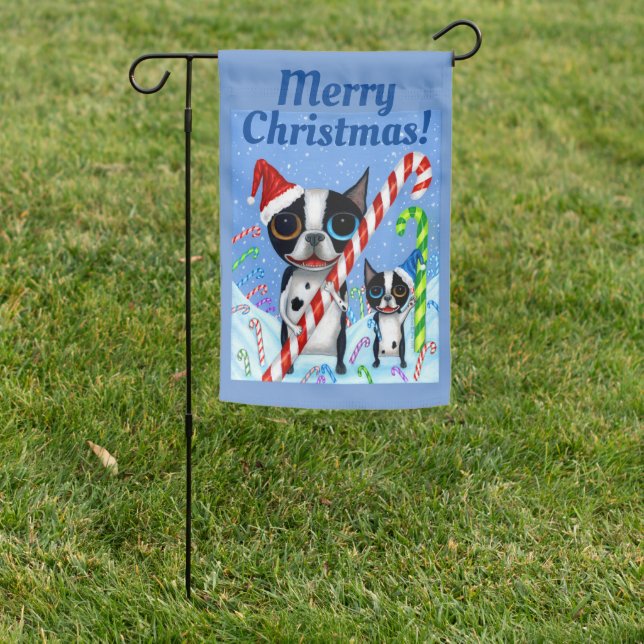 Christmas Boston Terrier Dogs Candy Cane Santa Hat Garden Flag (In SItu)