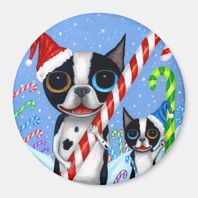 Christmas Boston Terrier Dogs Candy Cane Santa Hat Magnet (Front)