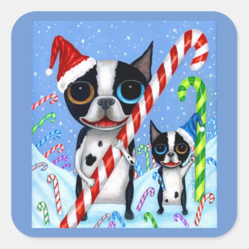 Christmas Boston Terrier Dogs Candy Cane Santa Hat Square Sticker