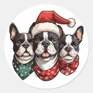 Christmas Boston Terrier Dogs Classic Round Sticker