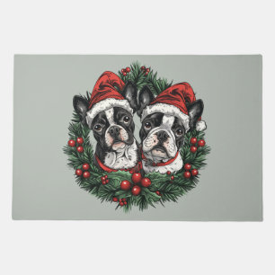 Christmas Boston Terrier Dogs Holiday Wreath Doormat
