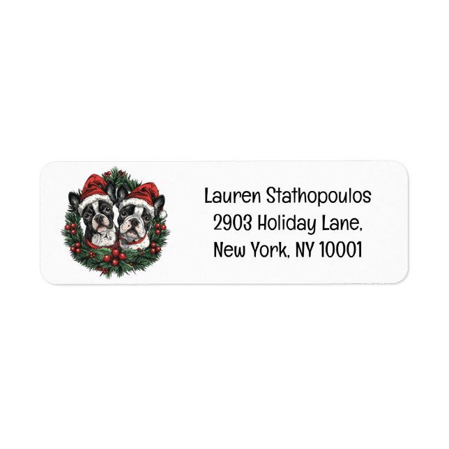 Christmas Boston Terrier Dogs Holiday Wreath Label (Front)