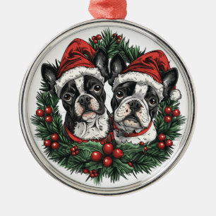 Christmas Boston Terrier Dogs Holiday Wreath Metal Ornament