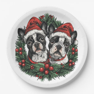 Christmas Boston Terrier Dogs Holiday Wreath Paper Plates