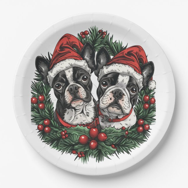 Christmas Boston Terrier Dogs Holiday Wreath Paper Plates (Front)