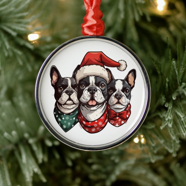Christmas Boston Terrier Dogs Metal Ornament (Tree)