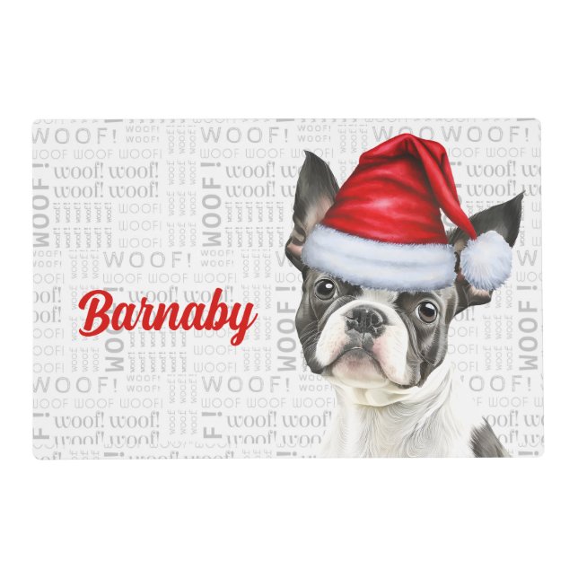 Christmas Boston Terrier Dog's Name Pet Dinner Placemat (Front)