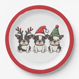 Christmas Boston Terrier Dogs Paper Plates