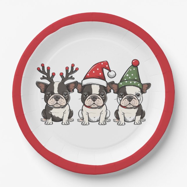 Christmas Boston Terrier Dogs Paper Plates (Front)