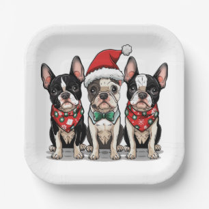 Christmas Boston Terrier Dogs Paper Plates