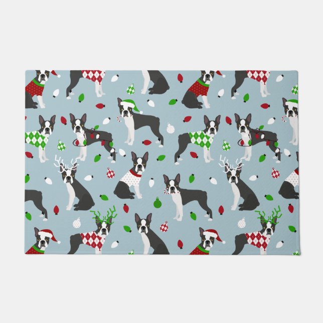 Christmas Boston Terrier Doormat (Front)