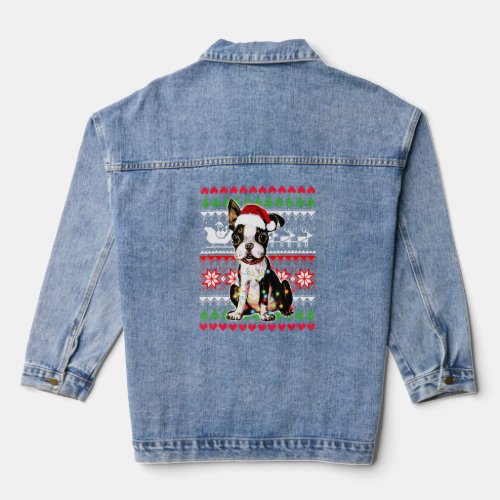 Christmas Boston Terrier In Santa Hat Xmas Ugly Sw Denim Jacket