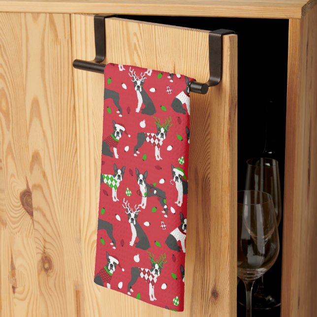 Christmas Boston Terrier Kitchen Towel (Thirds Fold)