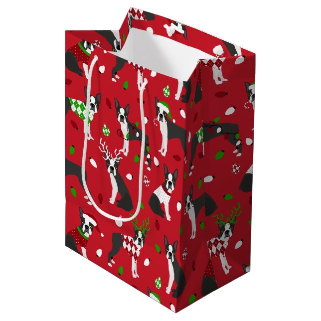 Christmas Boston Terrier Medium Gift Bag (Front Angled)
