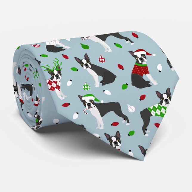 Christmas Boston Terrier Neck Tie (Rolled)