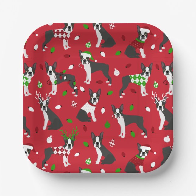 Christmas Boston Terrier Paper Plates (Front)