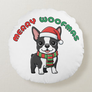 Christmas Boston Terrier Pillow: Merry Woofmas Round Pillow