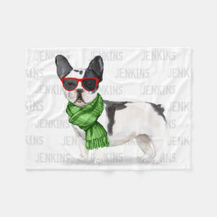 Christmas Boston Terrier Pup with Dog's Name Fleece Blanket