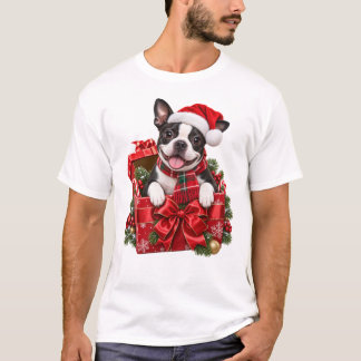 Christmas Boston Terrier Sitting in a Gift Box T-Shirt