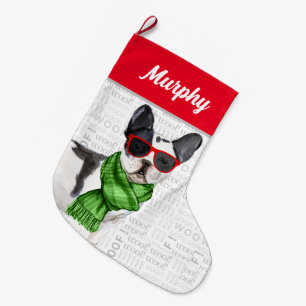 Christmas Boston Terrier with Dog's Name Large Christmas Stocking