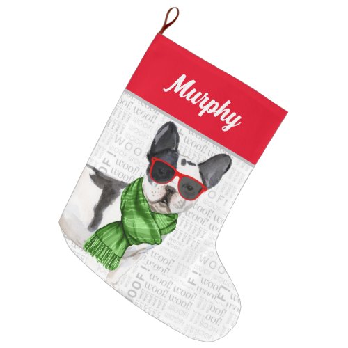 Christmas Boston Terrier with Dogs Name Large Christmas Stocking