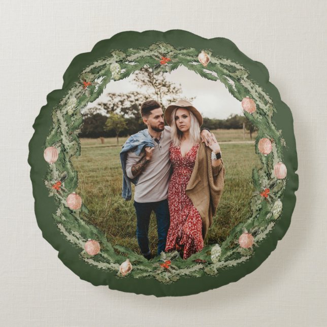 Christmas Botanical and Floral Greenery Photo Round Pillow (Front)