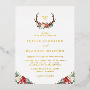 Christmas Botanical Antler Wreath Winter Wedding Foil Invitation Postcard