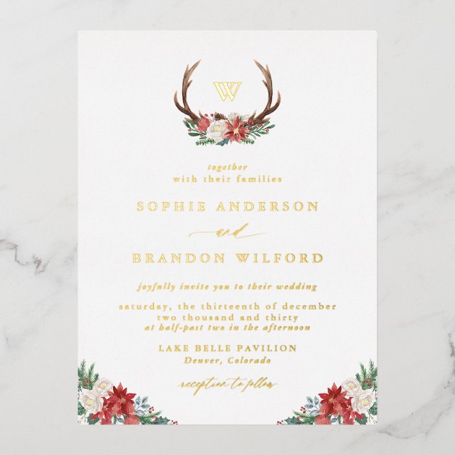 Christmas Botanical Antler Wreath Winter Wedding Foil Invitation Postcard (Front)