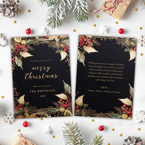 Christmas Botanical Black And Gold Elegant Holiday Card