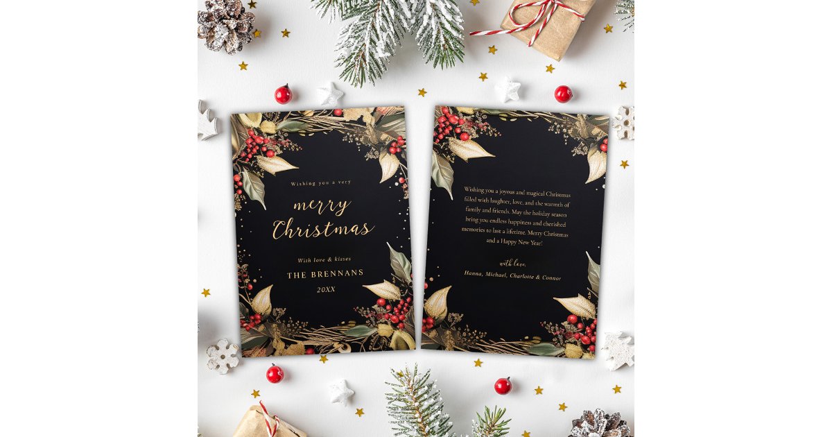 Christmas Botanical Black And Gold Elegant Holiday Card | Zazzle