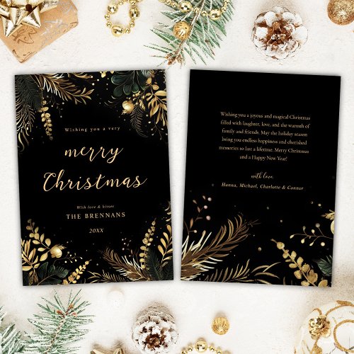 Christmas Botanical Black Gold Modern Elegant Holiday Card